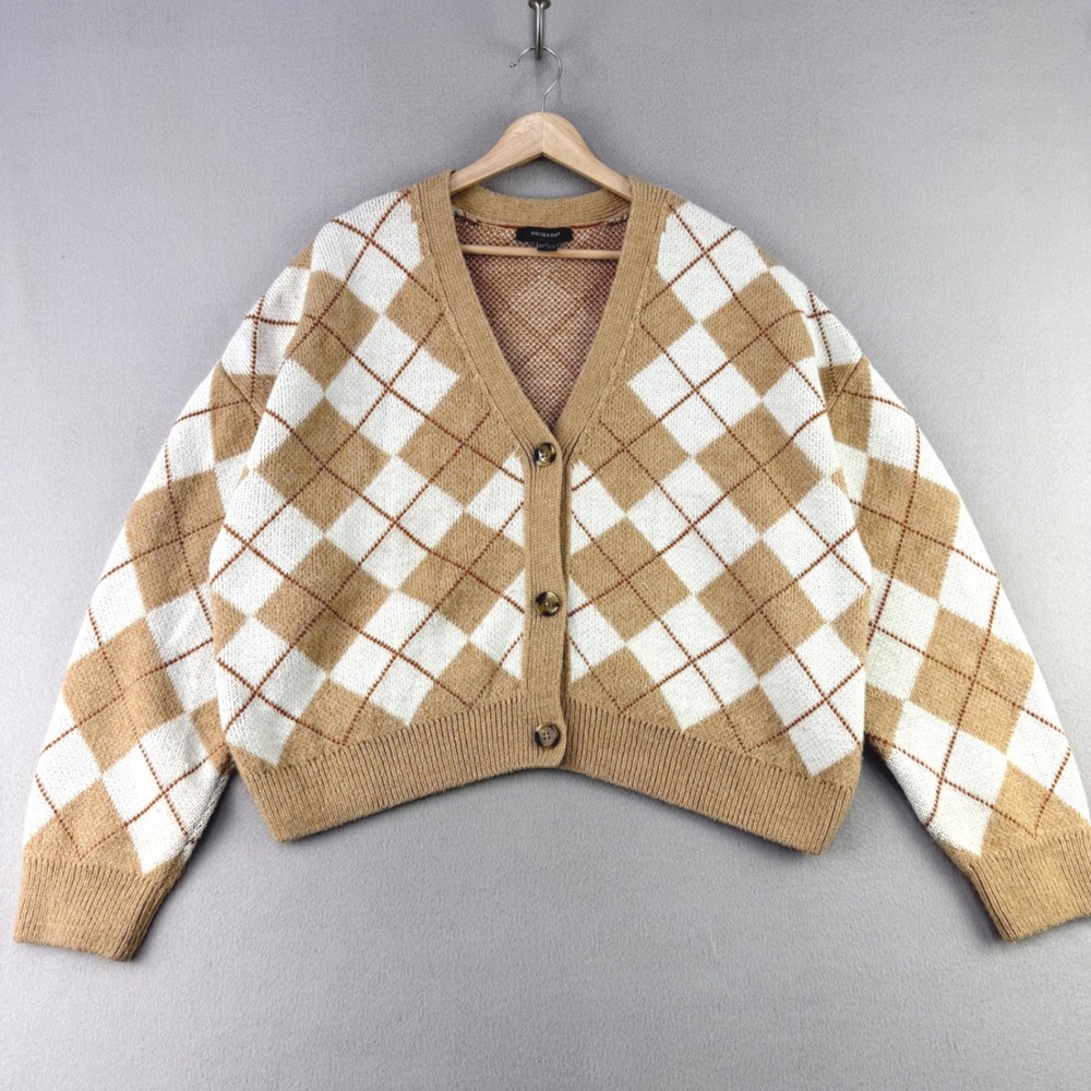 Primark Argyle Cardigan Sweater Women L Tan White Preppy V-Neck Button Front